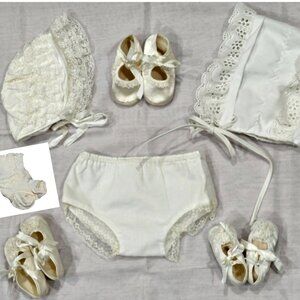 Baby Girl Lot: 2 Bonnets - Bloomers - 3 Cloth Soft Shoes - Pair of Socks